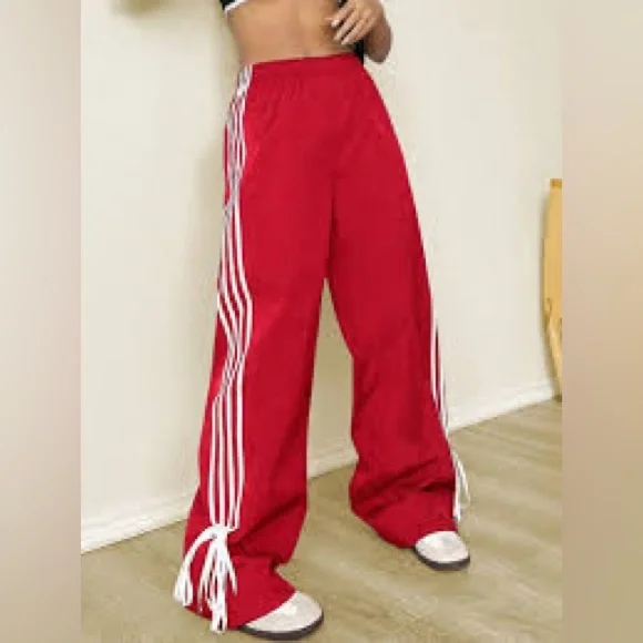 Cali1850 Muted Red Nylon Track Pants with White Stripe Ankle Ties Y2K NWOT - Picture 15 of 15